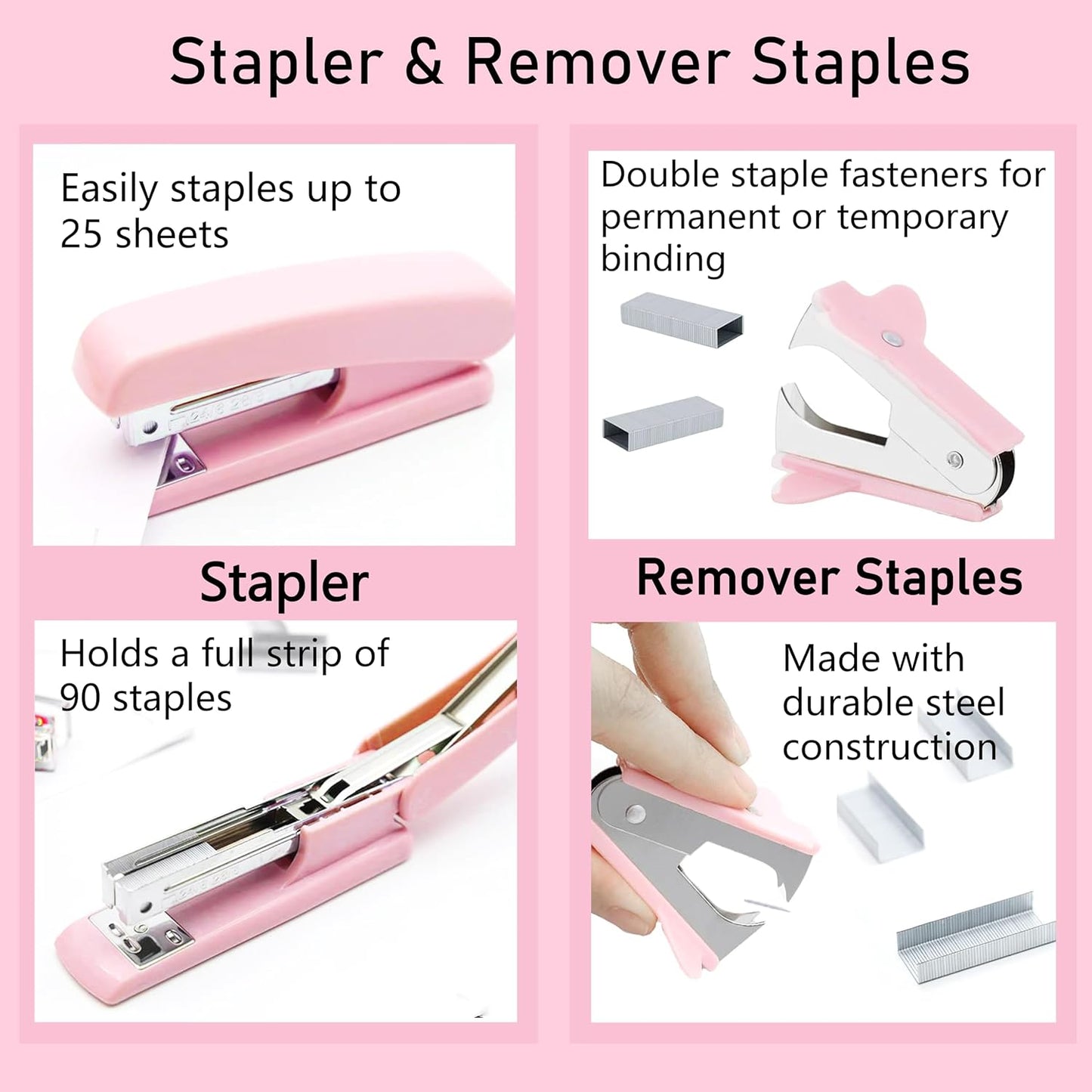 Pink Office Supplies, Pink Desk Accessories, Stapler, Staple Remover, Tape Holder, Pen Holder, Ballpoint Pen, Scissor, Binder Clips, Paper Clips and 1000pcs Staples.
