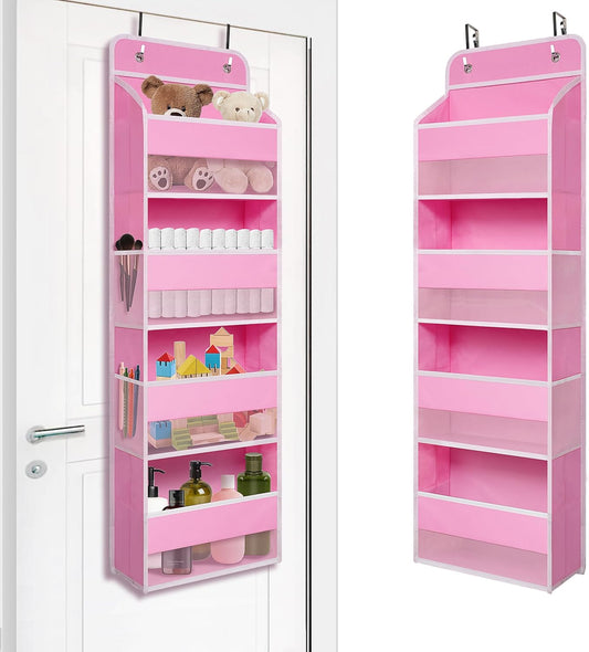 TYMENSH Pink Over Door Organizer with 4 Large Clear Pockets, Hanging Door Storage for Nursery, Bedroom, Bathroom, Closet, Toys, Diapers, Cosmetics, Baby Essentials