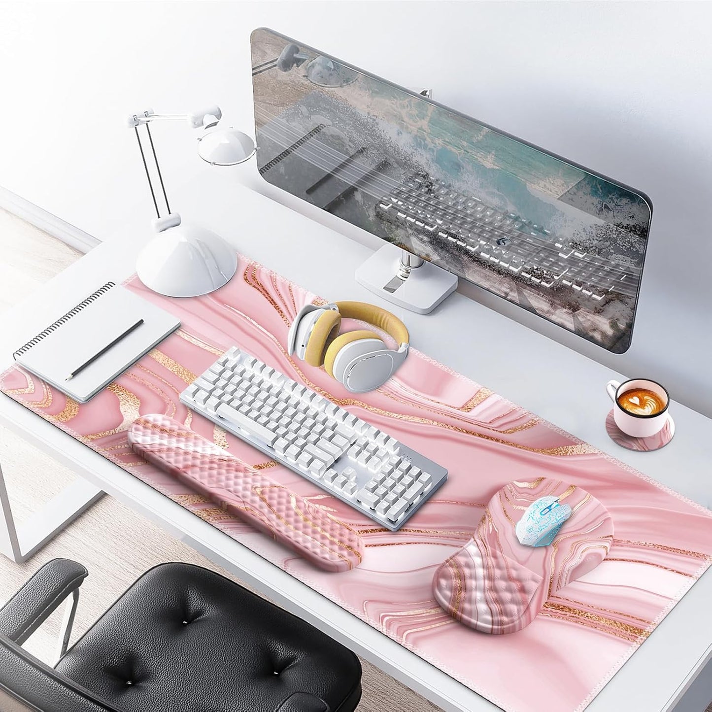 Light Pink Desk Mat Set with Mouse Pad and Memory Foam Wrist Rest, Soft Mat for Mouse and Keyboard, Large Office Desk Mat with Wrist Support, Smooth Surface, Non-Slip Base, 35.4 x 15.7 in