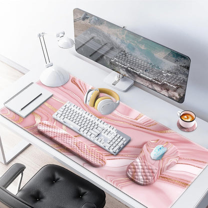 Light Pink Desk Mat Set with Mouse Pad and Memory Foam Wrist Rest, Soft Mat for Mouse and Keyboard, Large Office Desk Mat with Wrist Support, Smooth Surface, Non-Slip Base, 35.4 x 15.7 in