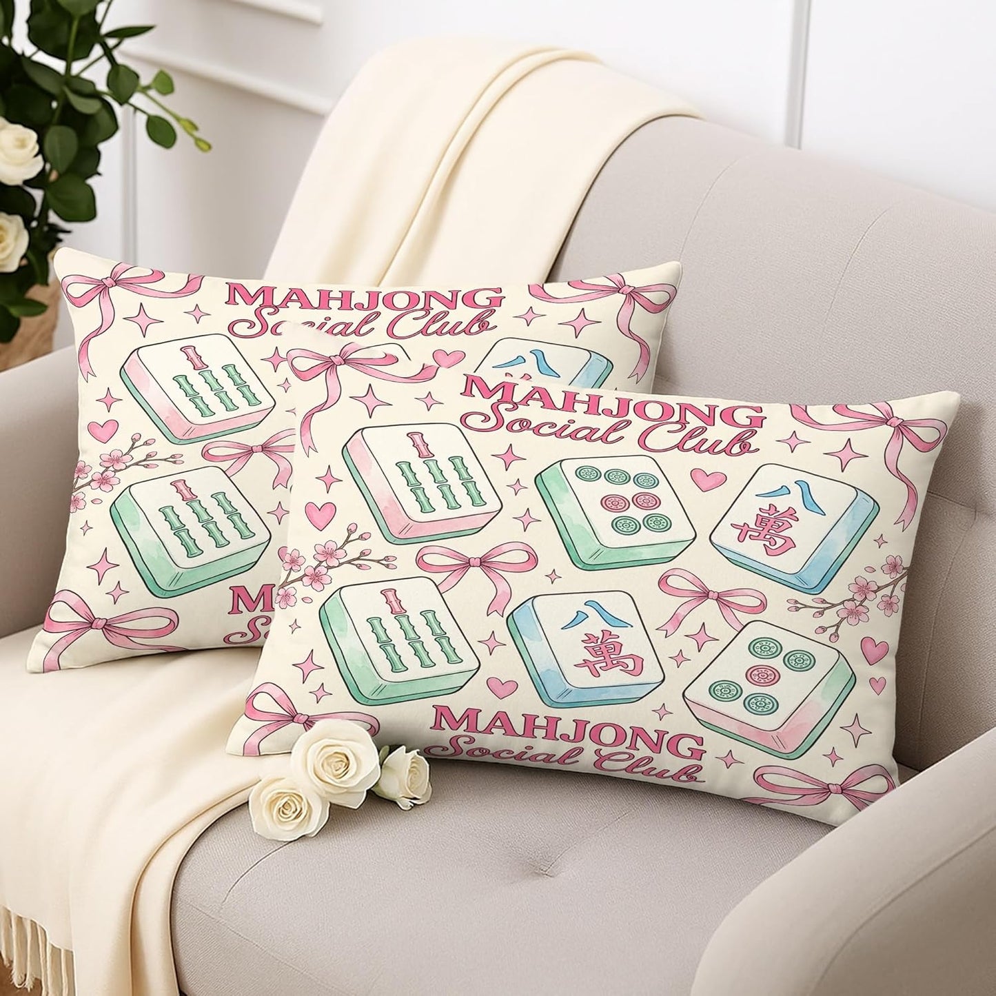 Mahjong Tiles Throw Pillow Covers Set of 2, Playful Fanciful Hearts Bows Casual Pastel Peach with Hidden Zipper Cover Decorative Pillows for Living Room Apartment Bed Sofa Decor 20x12 Inch