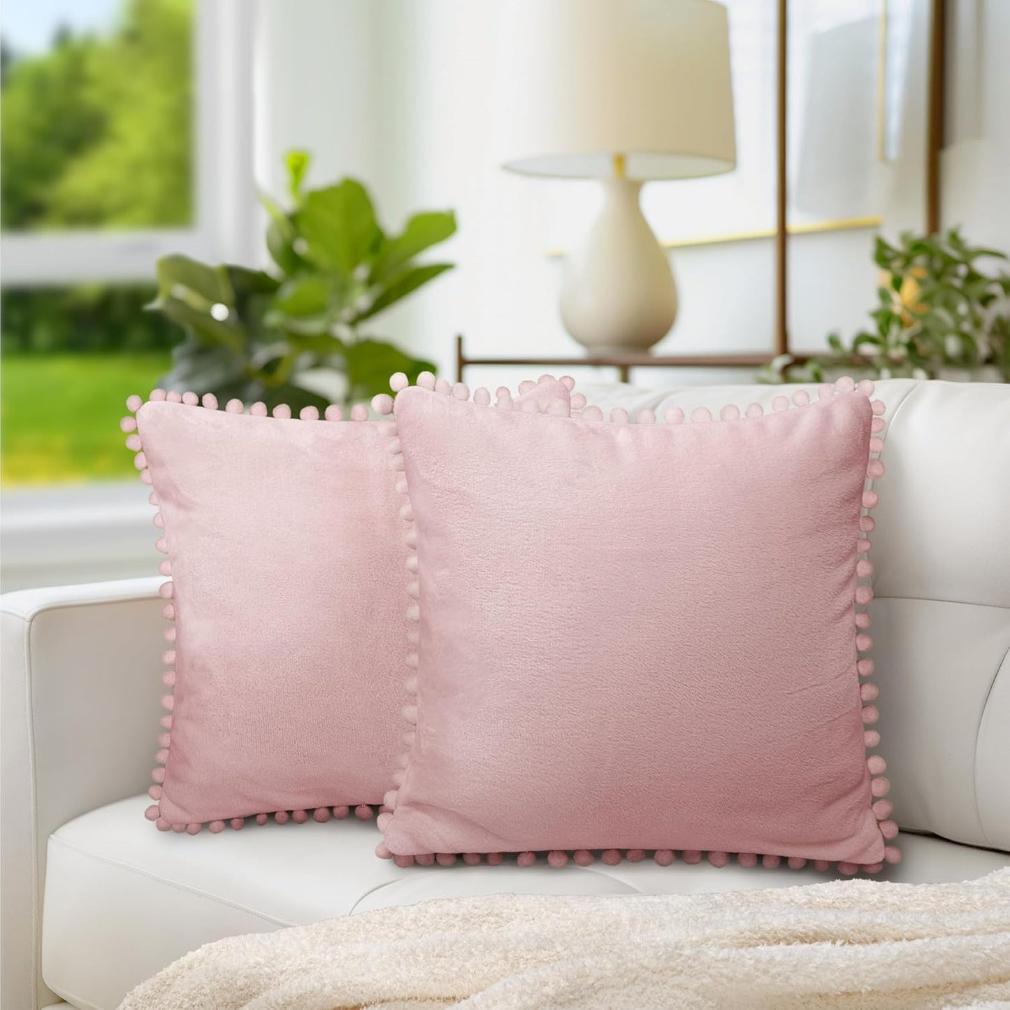PAVILIA Light Pink Throw Pillow Covers with Pom Pom 18x18 Set of 2, Decorative Pillow Cases for Bedroom Aesthetic, Small Throw Pillows Set for Bed, Velvet Euro Plush Cushion Covers for Sofa Couch