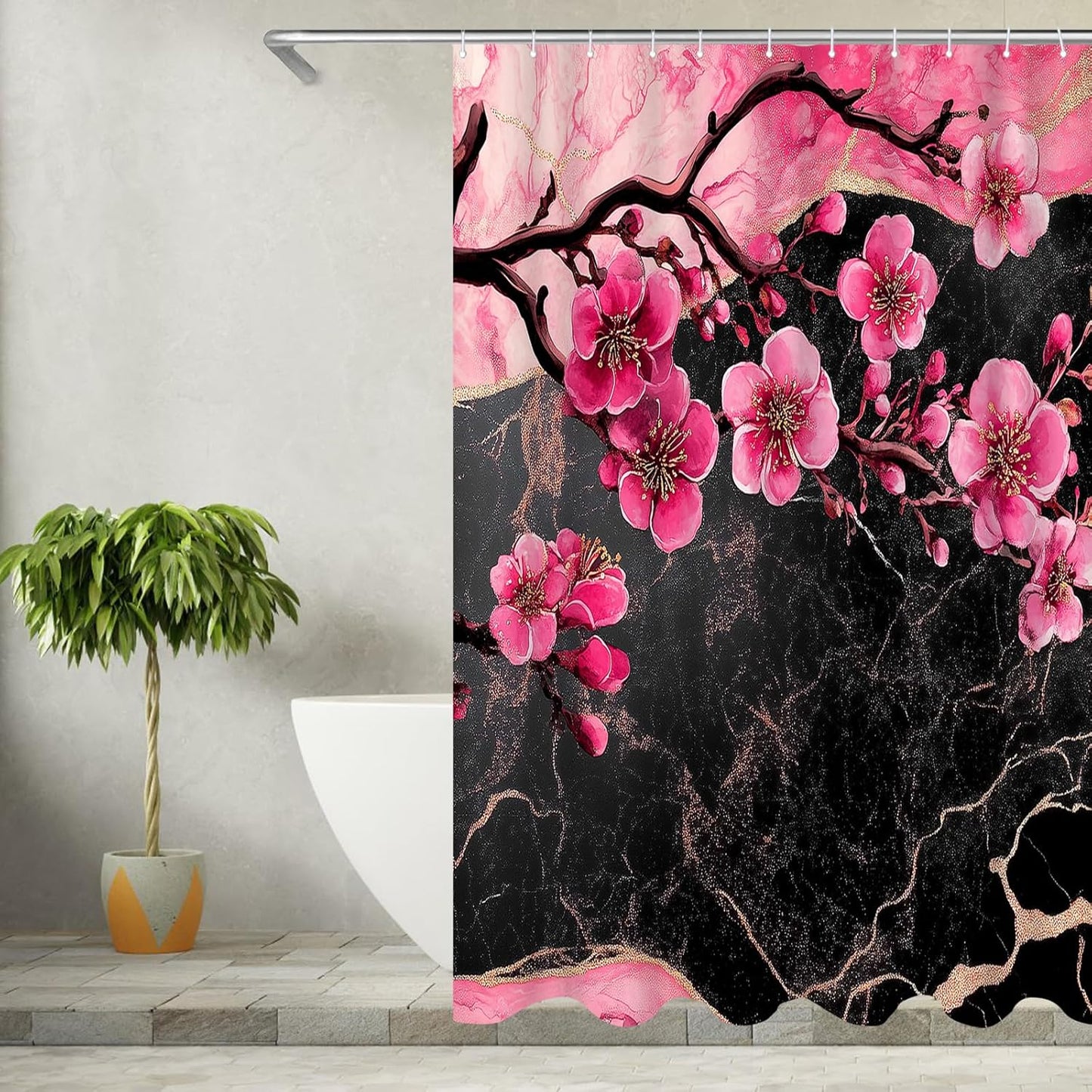Cherry Blossom Shower Curtain - Black and Pink Floral Marble Bath Curtains - Waterproof Cloth Fabric with Hooks, 72x72 Inch