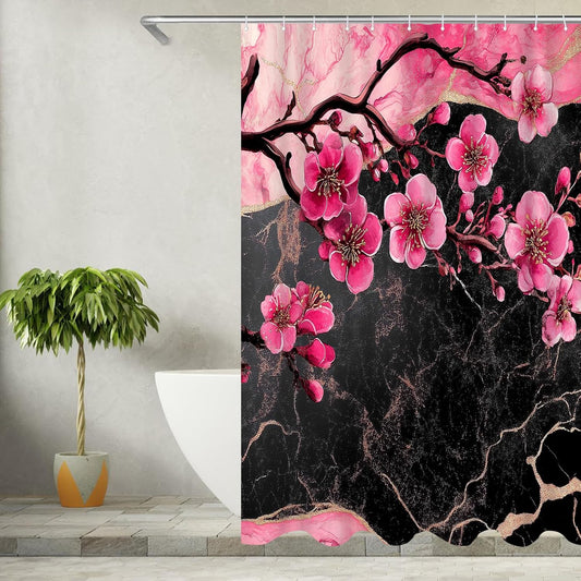 Cherry Blossom Shower Curtain - Black and Pink Floral Marble Bath Curtains - Waterproof Cloth Fabric with Hooks, 72x72 Inch