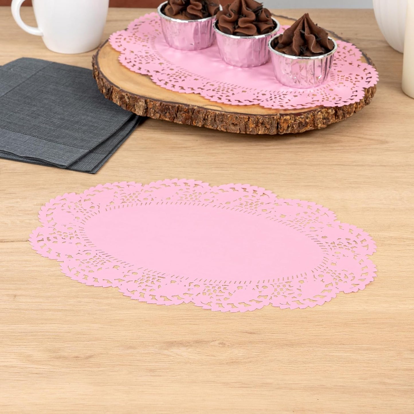Restaurantware-Pastry Tek 12.5 x 8.5 Inch Paper Lace Doilies, 100 Oval Disposable Table Doilies - Elegant Lace Finish, Long Lasting, Pink Paper Lace Doilies, for Pastries, Cupcakes, Desserts