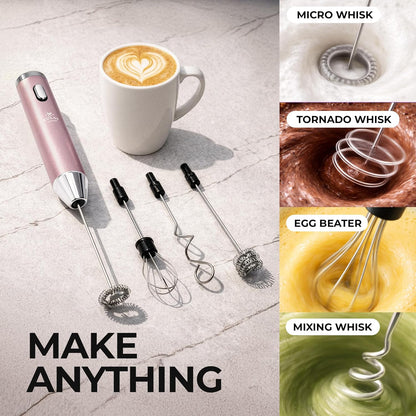 Zulay Kitchen Rechargeable Milk Frother Handheld - Frother Wand, Drink Mixer, Electric Whisk Frother, for Cappuccinos, Matcha & Protein Powder - Ultra Metal 3 Whisk, 1800mAh Pink