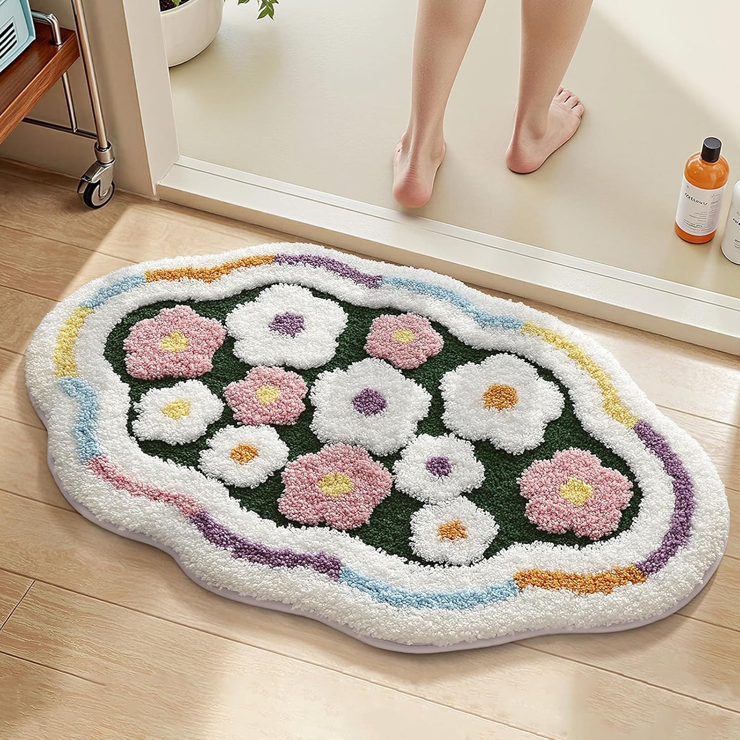 Flower Bathroom Rug, Irregular Shaped Floral Bath Mat, Colorful Spring Ultra-Thick Absorbent Mat, Machine Washable Shower Rug, Suitable for Bathroom, Balcony, Bedroom, 20 x 31 Inches (Pink)