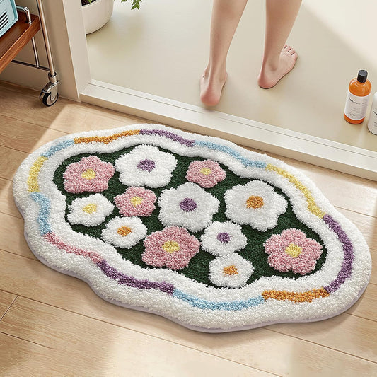 Flower Bathroom Rug, Irregular Shaped Floral Bath Mat, Colorful Spring Ultra-Thick Absorbent Mat, Machine Washable Shower Rug, Suitable for Bathroom, Balcony, Bedroom, 20 x 31 Inches (Pink)