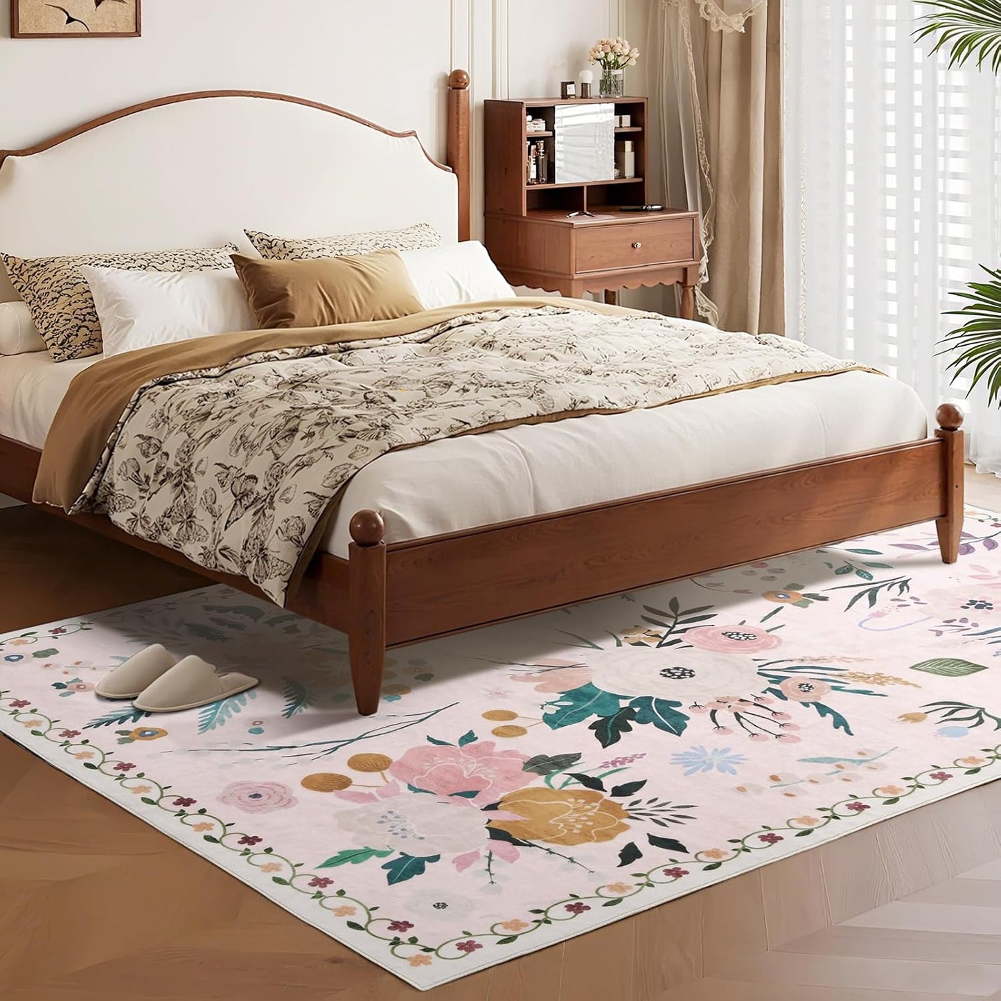 Rugs for Bedroom 5x7 Pink Boho Floral Washable Soft Area Rug for Living Room Dining Room Office Carpet