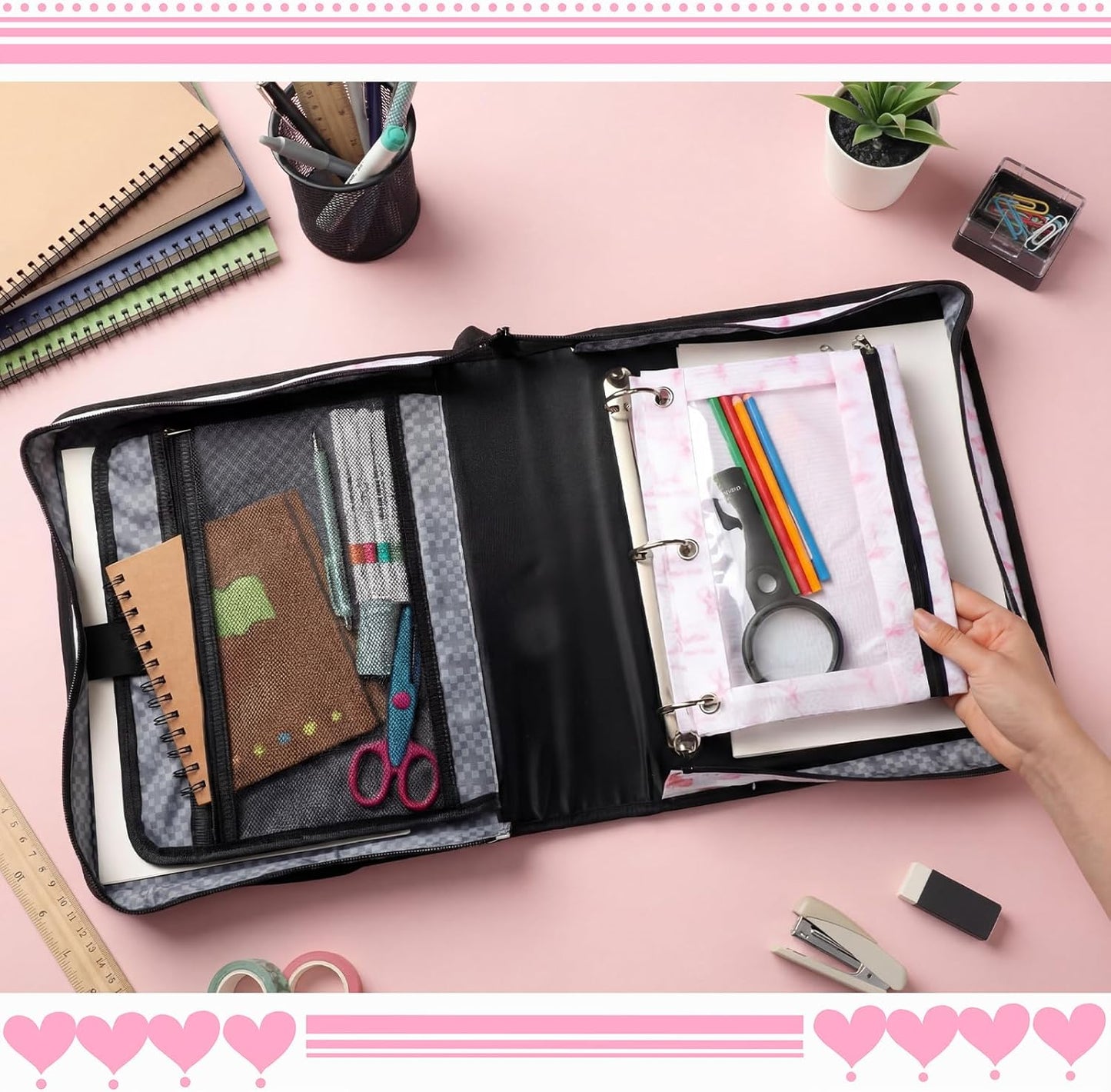 4 Pcs Pink Bow Zipper Binder with Pouch Bag Set 1.5 Inch 3-Ring Expanding Folders with Shoulder Straps and Handle Coquette Bag Bowknot Keeper Watercolor Zipper Case
