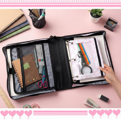 4 Pcs Pink Bow Zipper Binder with Pouch Bag Set 1.5 Inch 3-Ring Expanding Folders with Shoulder Straps and Handle Coquette Bag Bowknot Keeper Watercolor Zipper Case