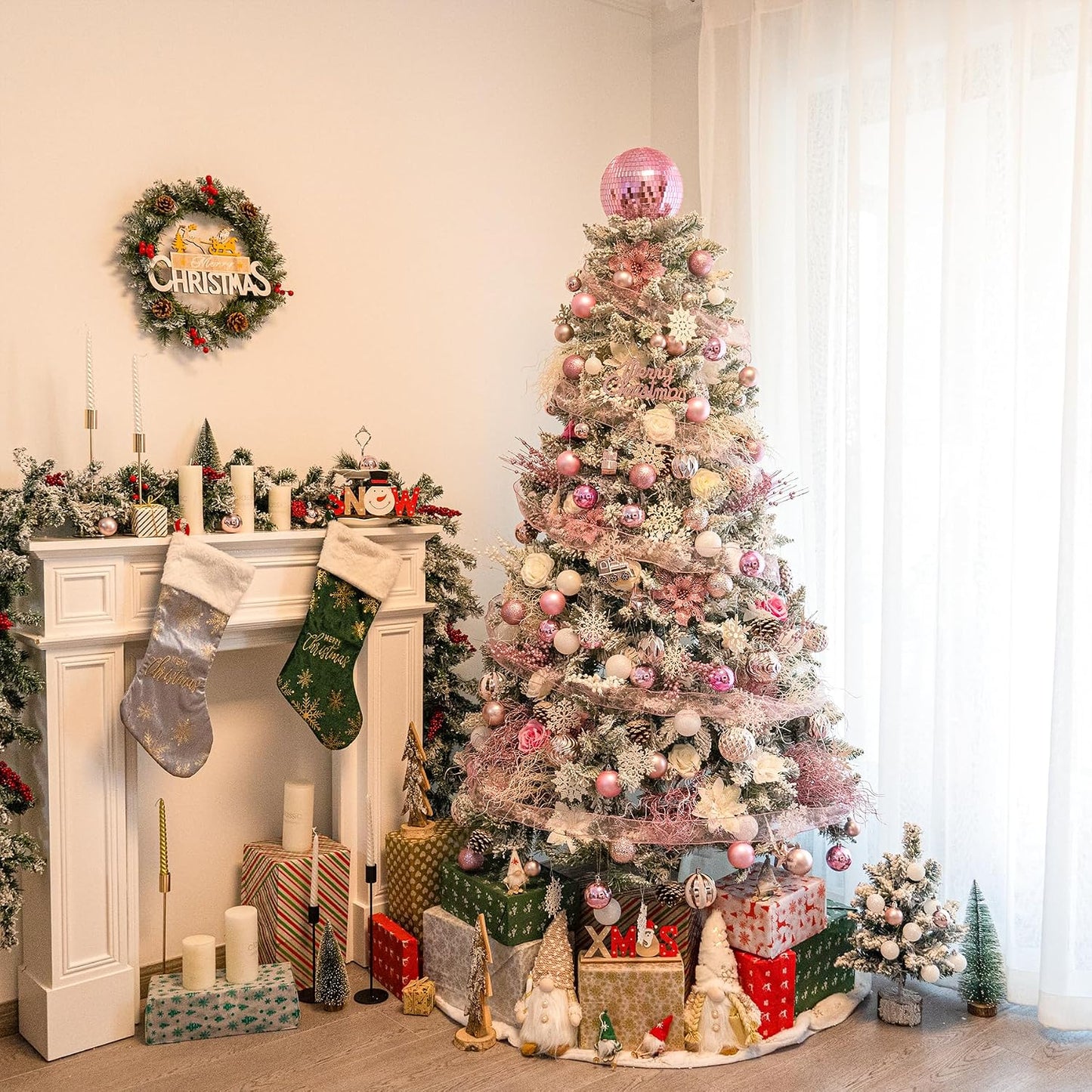 Pink Christmas Tree Topper 8 Inch Mirror Disco Ball Tree Topper, Cool and Fun Disco Ball for Xmas Tree Decorations, Ideal for DJ Club, Party, Wedding and Home Décor