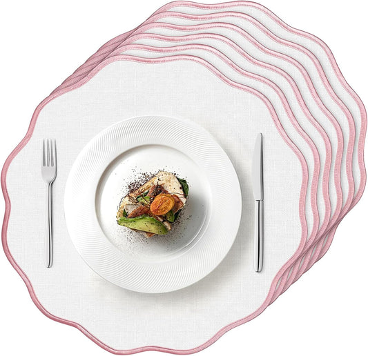 Set of 6 Scallop Linen Placemats, 15 Inch Pink and White Round Placemats Cotton Linen Table Mats Handcrafted Machine Washable Wrinkle Free Dining Placemat for Hotel Restaurant Kitchen