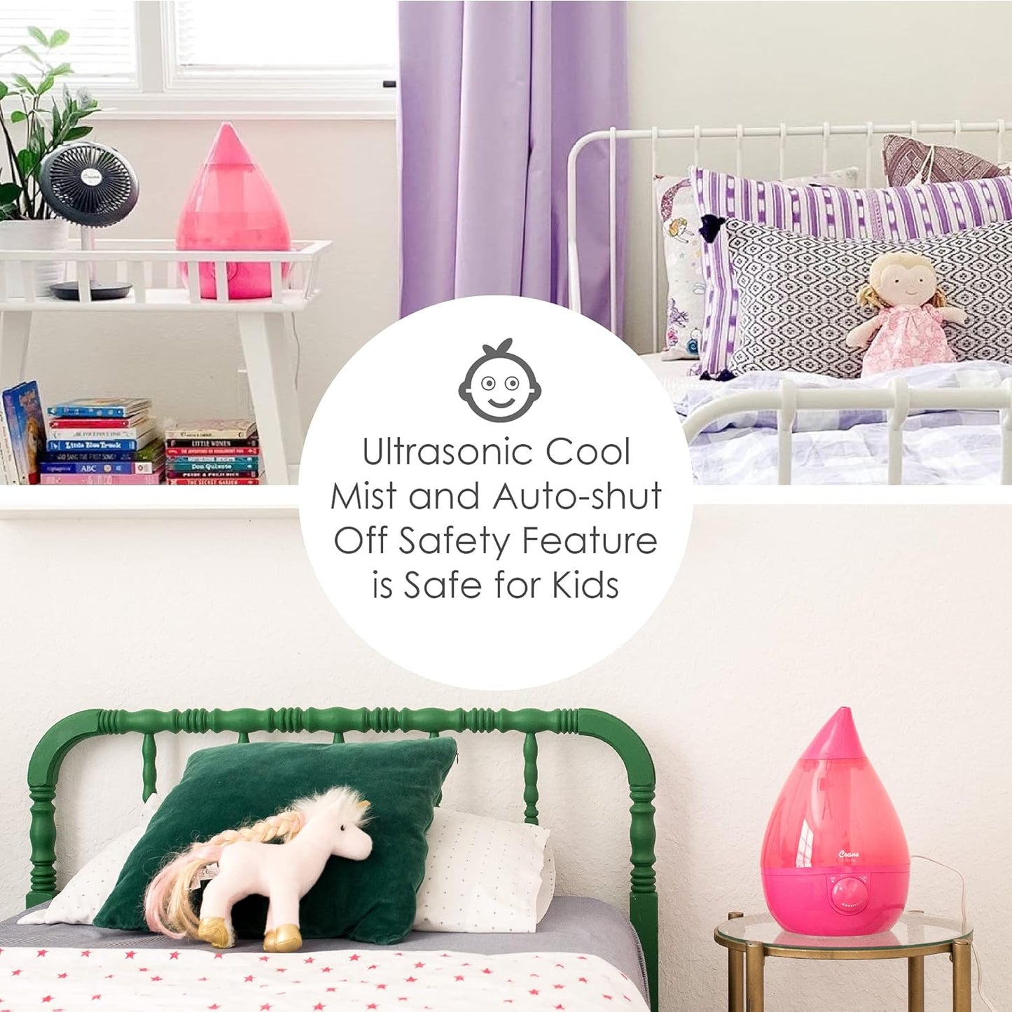 Crane Ultrasonic Humidifiers for Bedroom and Office, 1 Gallon Cool Mist Air Humidifier for Large Room and Home, Humidifier Filters Optional, Pink