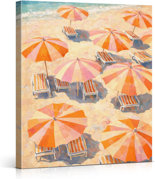 Coastal Pastel Beach Wall Art Print - Pink Orange Umbrella Canvas Poster Painting - Summer Wall Decor for Beach House Home 8x10 Inch Framed