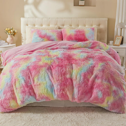 EMME Luxury Fuzzy Duvet Cover Set King Size Fluffy Comforter Cover Set for King Bed 2 Pieces Shaggy and Plush Soft Bedding Duvet Covers (Rainbow Colorful Pink, King)