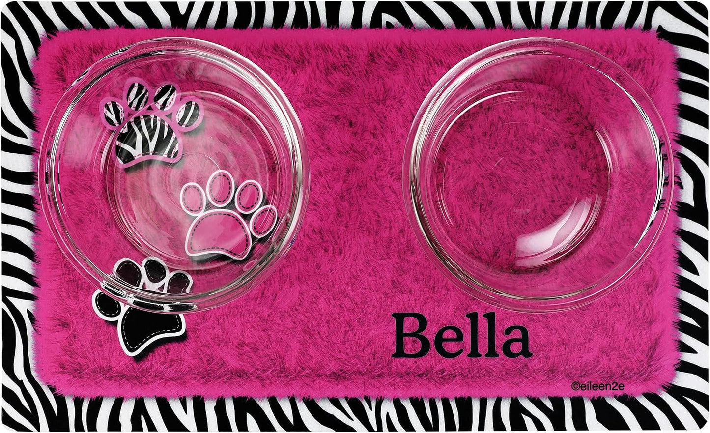 Drymate Personalized Pet Bowl Placemat, Custom Dog & Cat Food Feeding Mat - Absorbent Fabric, Waterproof Backing - Machine Washable/Durable (USA Made) (12" x 20") (Zebra Pink)