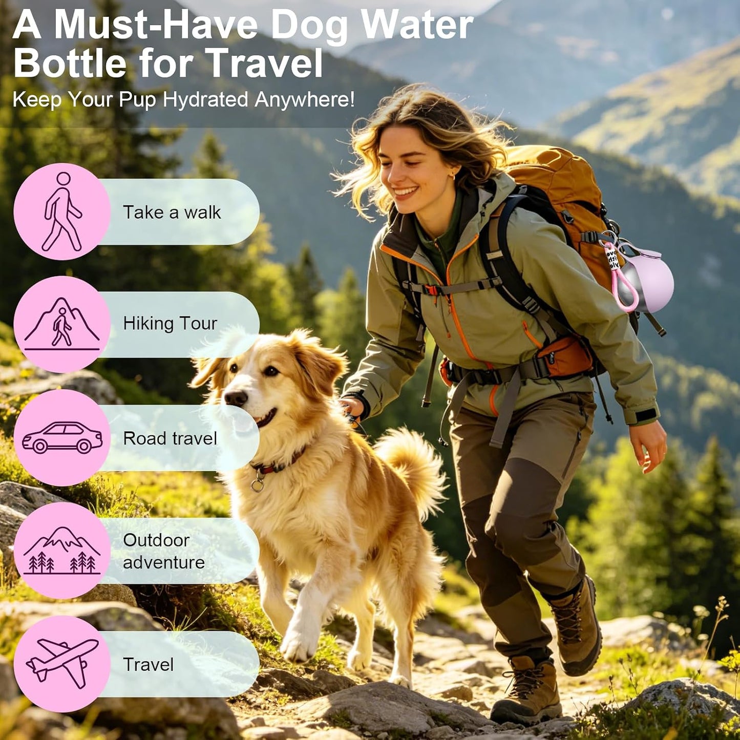2 in 1 Dog Water Bottle with Bowl, 10oz Stainless Steel Travel Pet Water Dispenser, No-Spill Leak-Proof Design with Silicone Bowl, Compact Pet Drinking Bowl for Puppies Outdoor (Pink)