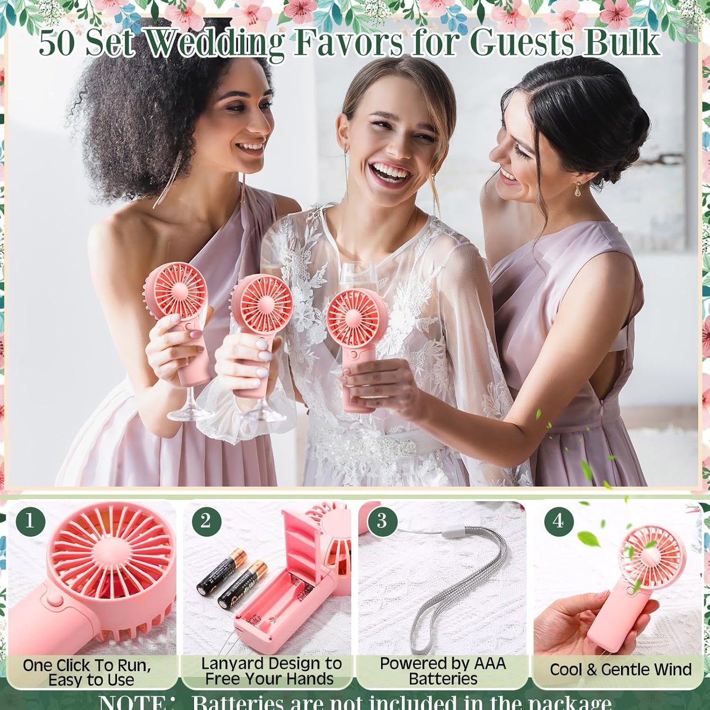 50 Set Wedding Mini Handheld Fans for Guests Bulk, Portable Battery Operated Small Cooling Fans with Thank You Cards & Organza Bags, Perfect for Summer Outdoor Bridal Shower Party Favors (Pink)