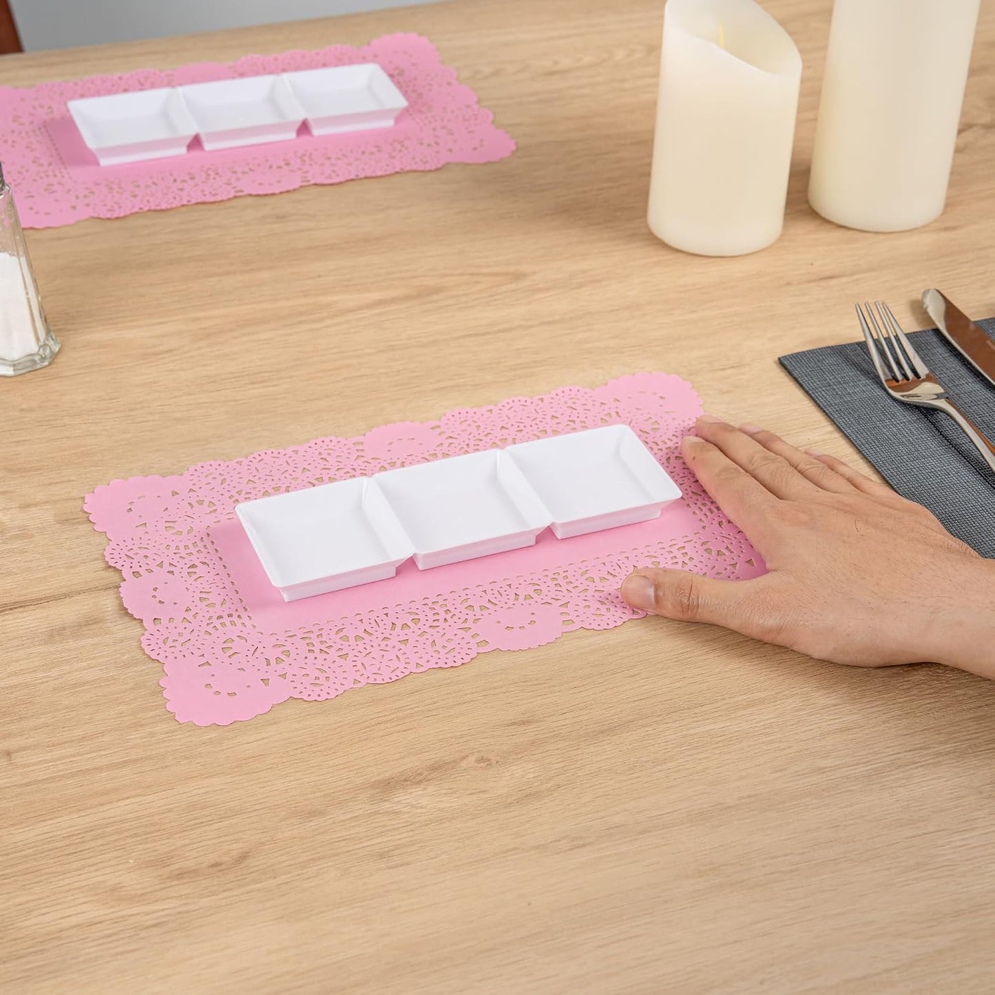 Restaurantware-Pastry Tek 12 x 7 Inch Paper Lace Doilies, 100 Rectangle Disposable Table Doilies - Elegant Lace Finish, Long Lasting, Pink Paper Lace Doilies, for Pastries, Cupcakes, Desserts