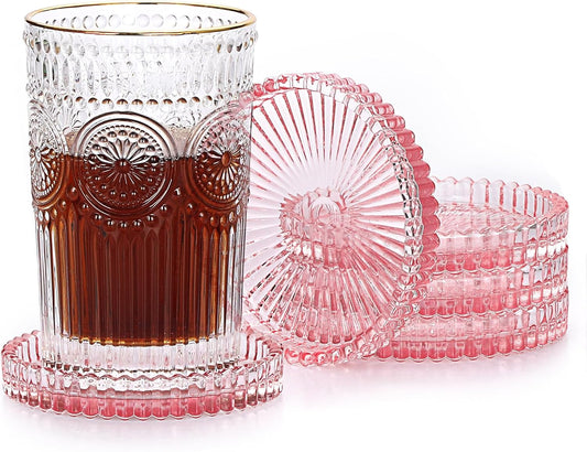 JUXYES 5 Pack Amber Tone Crystal Coasters Round Cup Mat, Glass Coasters for Drinks Coffee Tea Wine, Decorative Wine Bottle Coaster, Crystal Drink Coaster for Restaurant bar Kitchen Dining Table