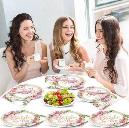 96Pcs Bridal Shower Party Decorations Floral Bride to Be Paper Plates Napkins Flower Pink Gold Wedding Tableware Set Supplies Disposable for Women Engagement Bachelorette Party Favors Serves 24