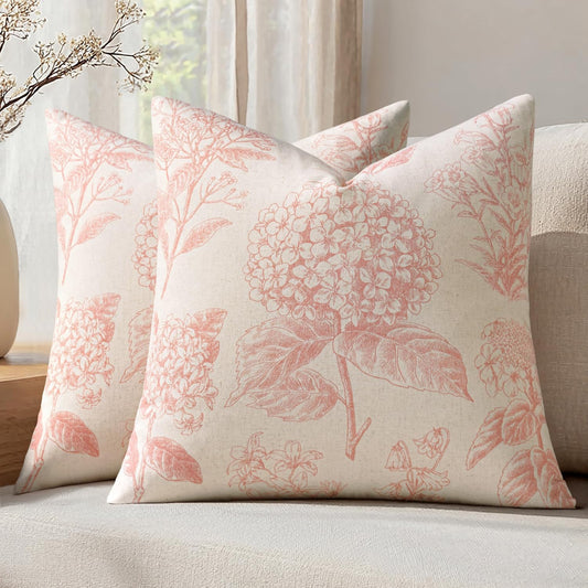 Set of 2 Decorative Floral Neutral Pillow Covers 20x20 Inch Light Pink Hydrangea Print Outdoor Boho Vintage Throw Cushion Covers for Sofa Couch Porch Bedroom Living Room Summer Home Decor