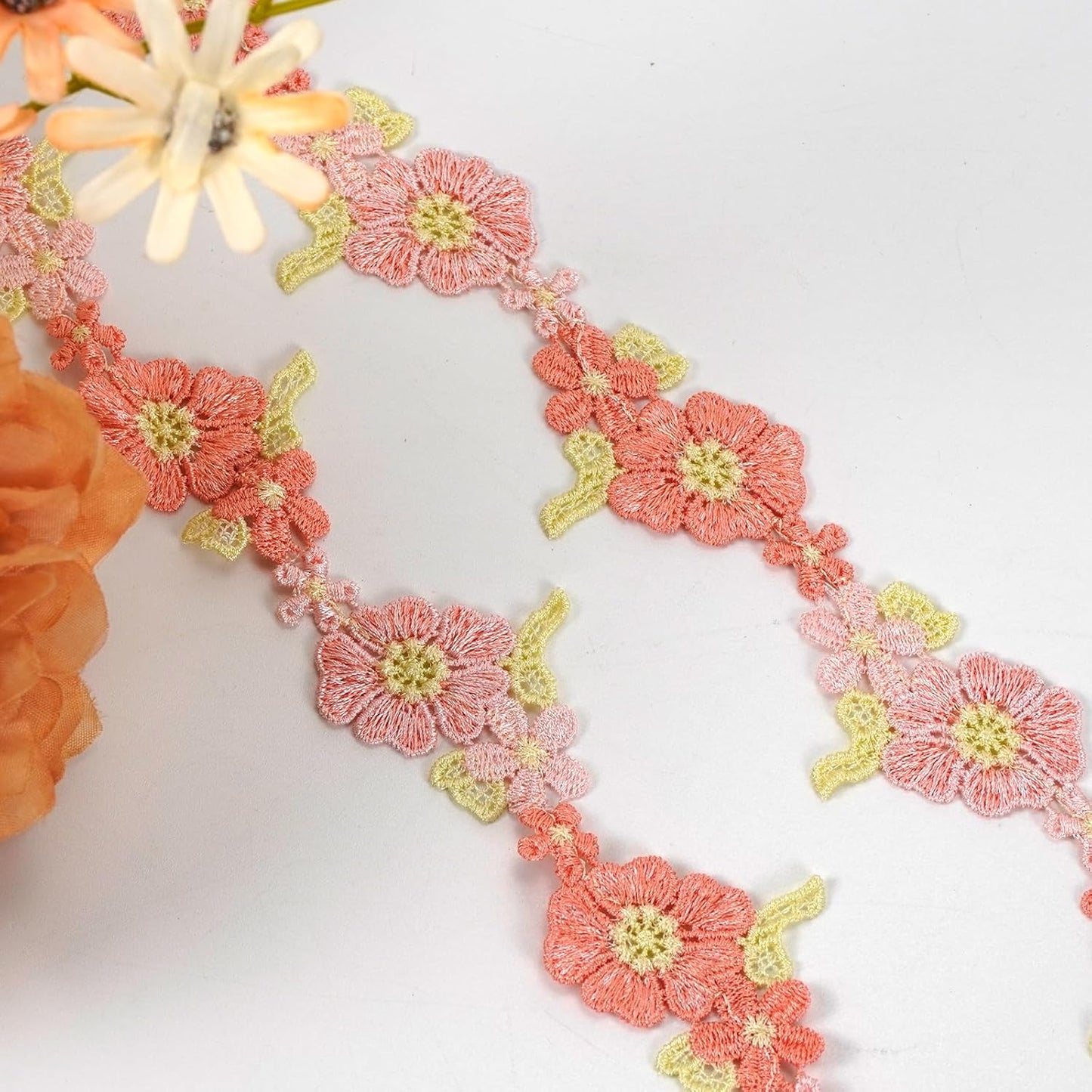 2 Yards Pink Flower Lace Trim Knitting Embroidered Ribbon Wedding Applique for DIY Sewing Craft Supplies