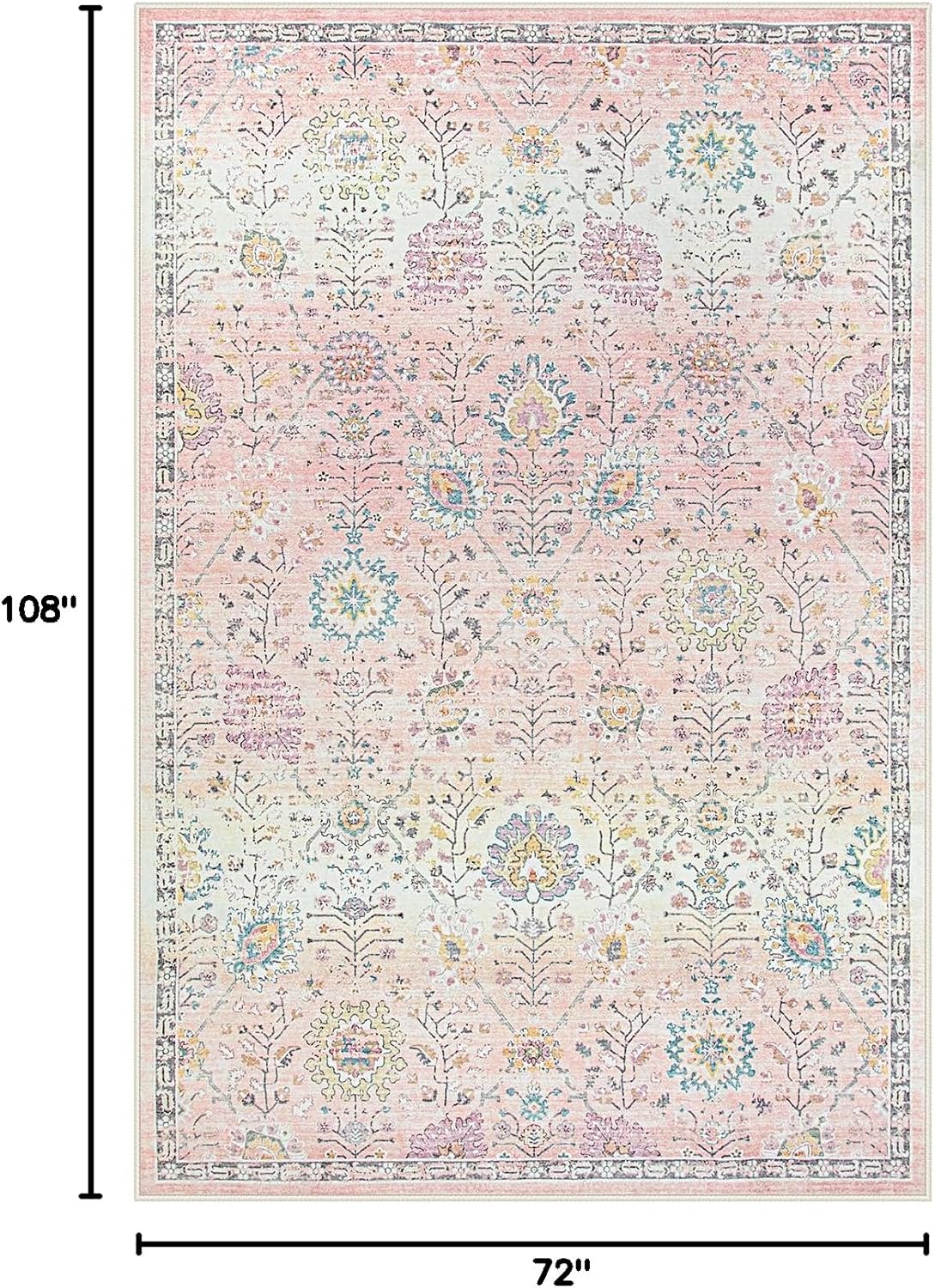 Lahome Flavie Light Pink Boho Rug, 6x9 Washable Rugs for Bedroom Girls, Soft Floral Kids Carpet with Non-Slip Backing for Nursery Playroom Kids Room