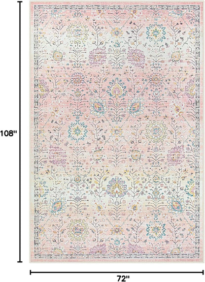 Lahome Flavie Light Pink Boho Rug, 6x9 Washable Rugs for Bedroom Girls, Soft Floral Kids Carpet with Non-Slip Backing for Nursery Playroom Kids Room