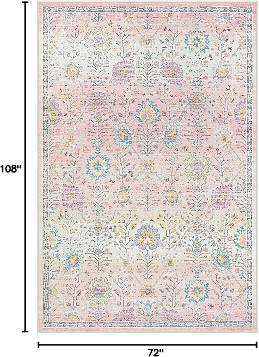 Lahome Flavie Light Pink Boho Rug, 6x9 Washable Rugs for Bedroom Girls, Soft Floral Kids Carpet with Non-Slip Backing for Nursery Playroom Kids Room