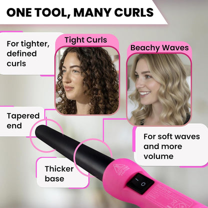 HerStyler Grande Ceramic Curling Iron - 1 inch, Pink (Curling Wand for Long Short Hair, Dual Voltage, Negative Ions, Tapered Barrel, User Friendly, PF30)