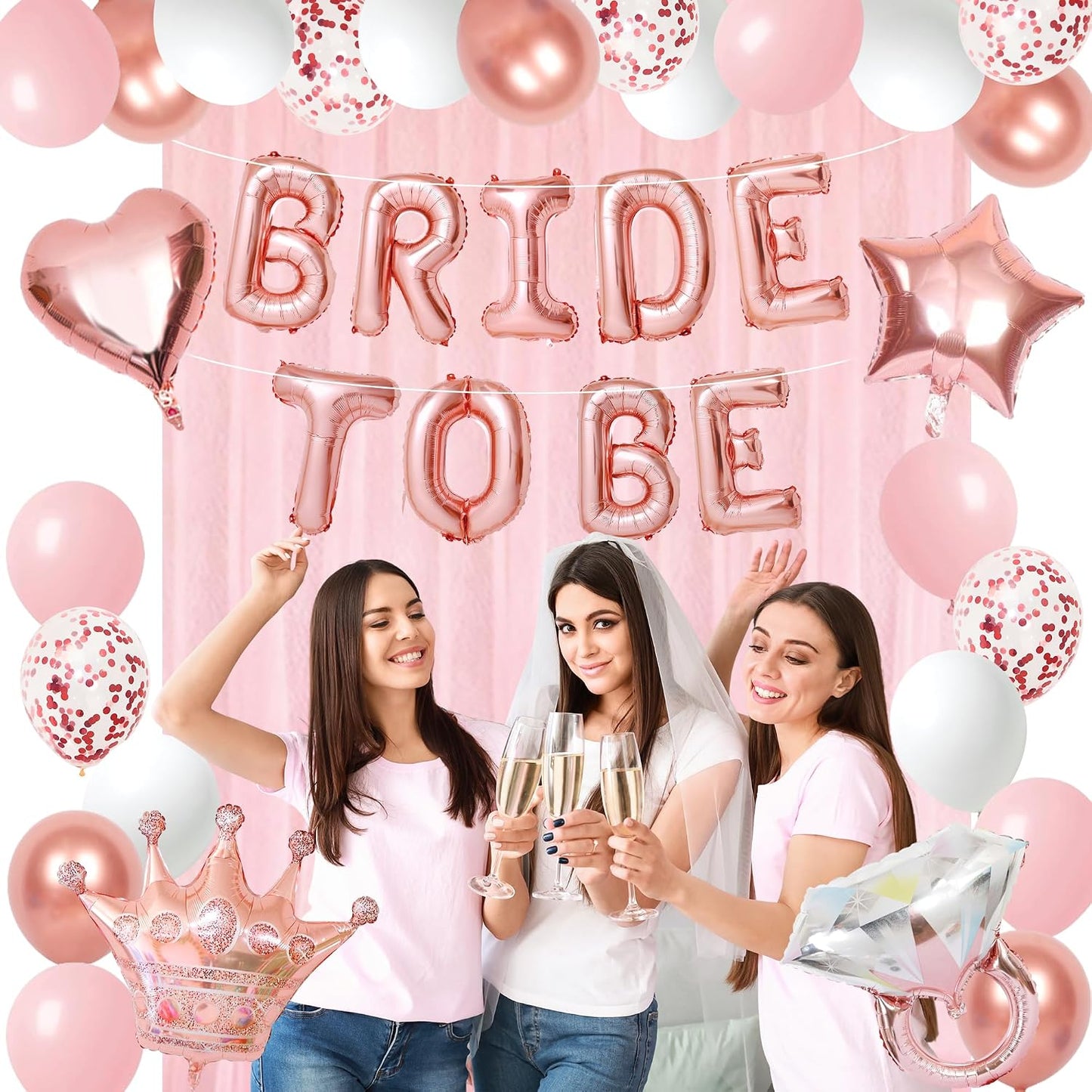 Holkcog Bachelorette Party Decorations Pink Bridal Shower Banner, Confetti Balloons, Bride To Be Sash&Veil for Women Bachelorette Party Gifts Bridal Shower Decorations Bride To Be Decor