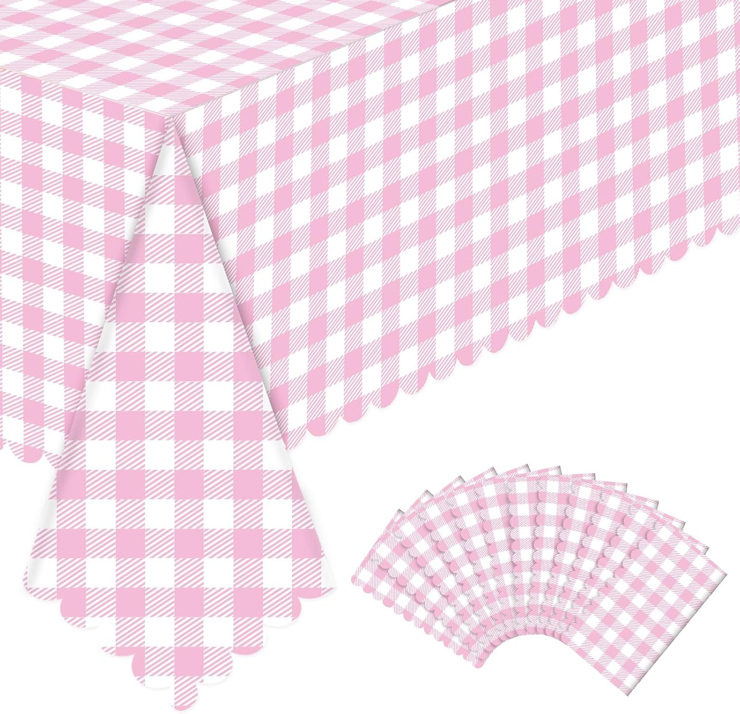 NatNarr 12 Pack Pink Gingham Tablecloths, 54 X 108Inch Scalloped Pink and White Checkered Table Cloth, Disposable Party Table Covers for Wedding Picnic Birthday Baby Bridal Shower Anniversay