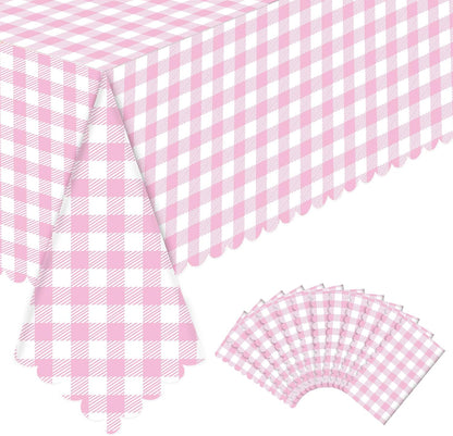 NatNarr 12 Pack Pink Gingham Tablecloths, 54 X 108Inch Scalloped Pink and White Checkered Table Cloth, Disposable Party Table Covers for Wedding Picnic Birthday Baby Bridal Shower Anniversay
