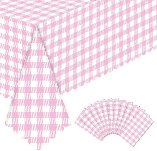 NatNarr 12 Pack Pink Gingham Tablecloths, 54 X 108Inch Scalloped Pink and White Checkered Table Cloth, Disposable Party Table Covers for Wedding Picnic Birthday Baby Bridal Shower Anniversay