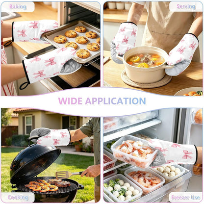 Pink Bows Ribbons Non-Slip Oven Mitts Set Heat Resistant Kitchen Gloves with Quilted Liner Cotton Machine Washable with Hanging Loop for Baking Grilling BBQ