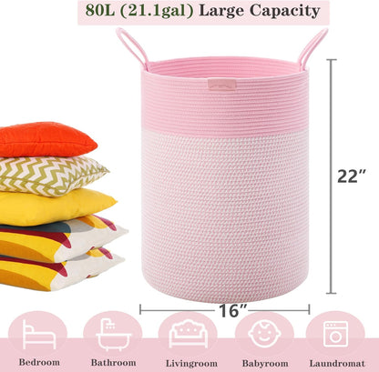 80L Extra Large Pink Hamper Tall Laundry Basket for Girls Kids Nursery Hamper for Baby Woven Cotton Rope Laundry Basket for Little Girls Room Bedroom 16x22 Inches