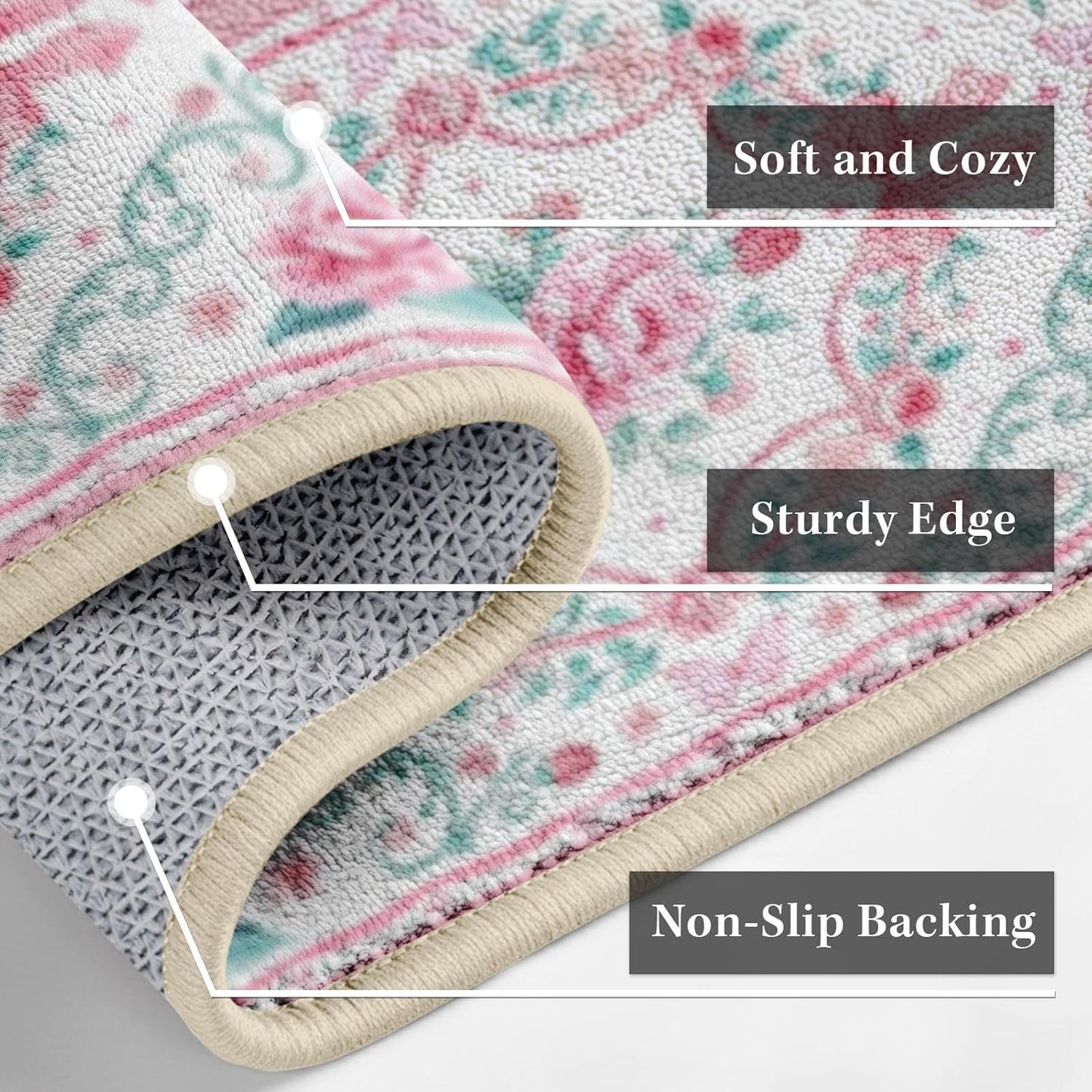 Kitchen Rugs Set of 3, Washable Non-Slip Kitchen Mats for Floor with Rubber Backing, Waterproof & Stain Resistant Boho Runner Rug for Kitchen, Laundry Room, Hallway, Entryway(Pink/Bow)