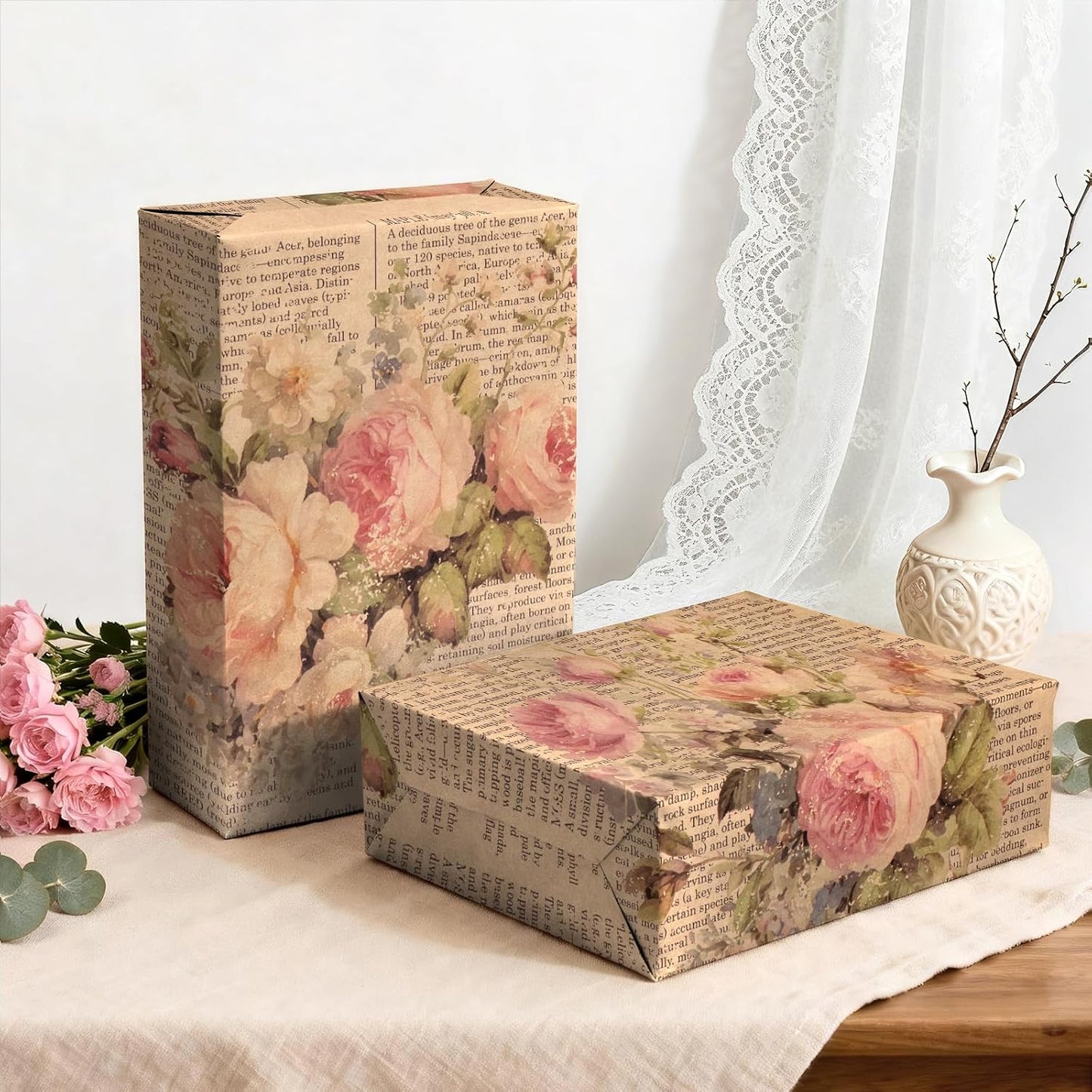 WRAPAHOLIC Kraft Vintage Floral Wrapping Paper - Mini Roll - 17 Inch x 16.5 Feet - Pink Retro Rose Flower Letter Print Newspaper Kraft Wrapping Paper for Birthday, Wedding, Bridal Shower, Anniversary