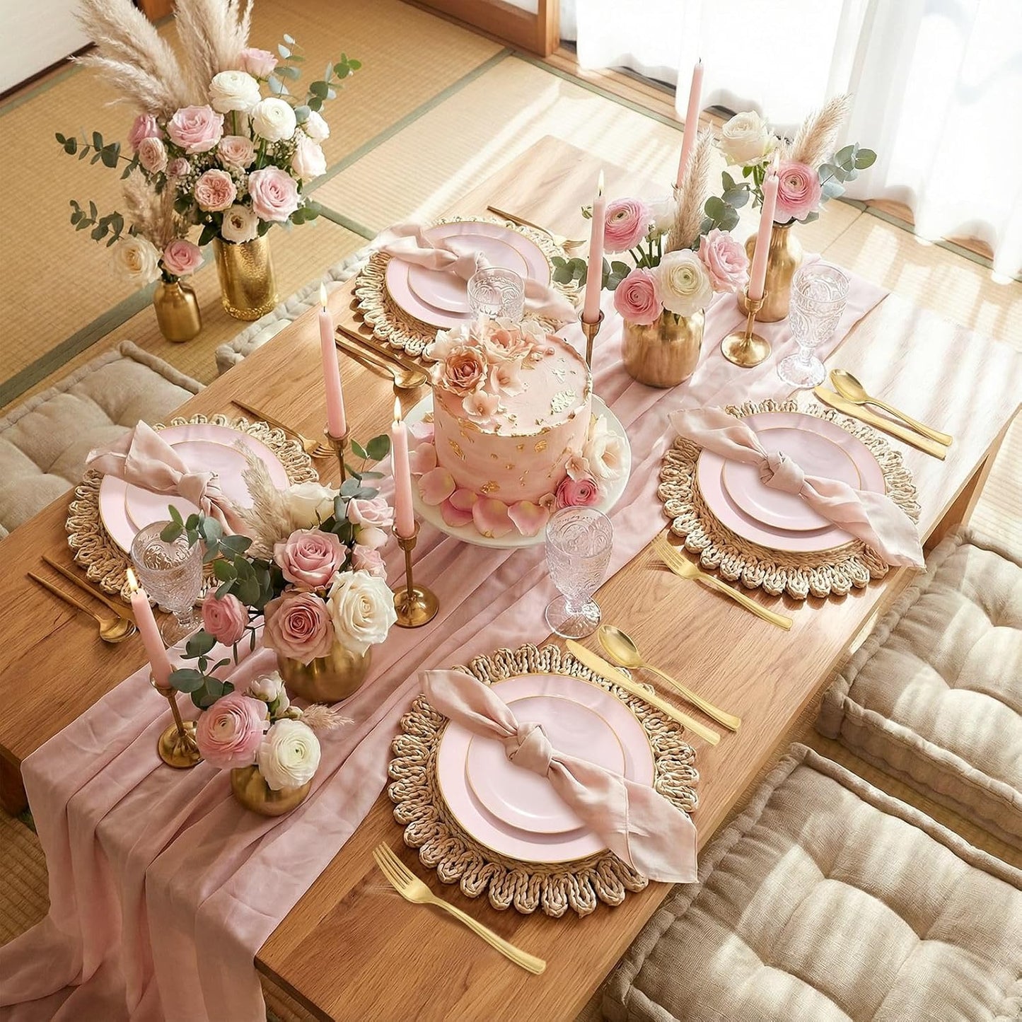 WDF 150Pcs Pink Plates Disposable - Pink and Gold Plastic Plates 25guest Disposable Dinnerware Include 25 Dinner Plate, 25 Dessert Plate, 25 Cutlery & 25 9oz Cups for Baby Shower/Wedding/Birthday