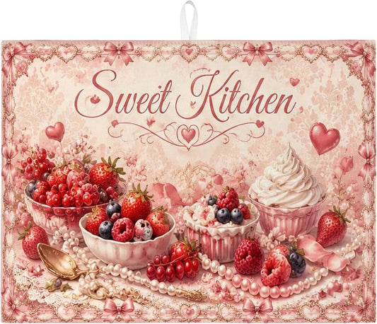 Sweet Kitchen Dish Drying Mats, Peach Floral Absorbent Drainer Mat, Vintage Dessert Microfiber Drying Pad for Kitchen Counter Coffee Bar Protector 18x24 Inch