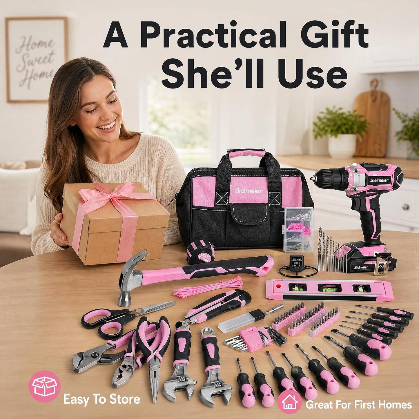 Bielmeier 20V 236Pcs Cordless Pink Drill Set for Women, Lady’s Essential Home Tool Kit with Pink Bag, Perfect DIY Electric Screwdriver Set for Home Repair & Gifts