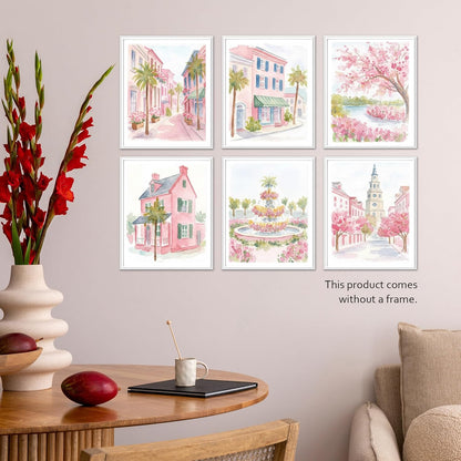 Isfvqyub Preppy Pastel Pink Charleston Wall Art, Aesthetic Coquette South Carolina Poster For Girl, Trendy Girly Church Street Wall Decor For Bedroom Dorm College Nursery, Set Of 6 -A14