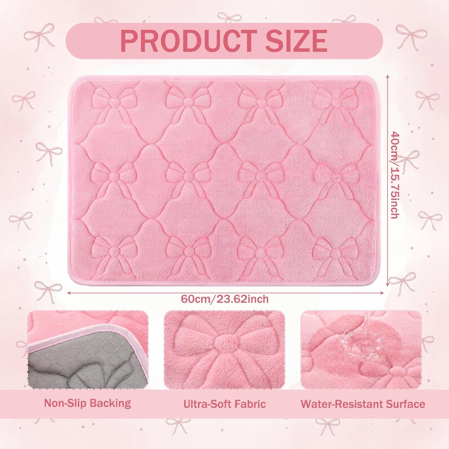 Tinideya Pink Bow Pink Memory Foam Bath Mat 24''x16'' Bow Bathroom Rug Cute Coquette Bathroom Decor Soft Absorbent Non Slip Aesthetic Bath Carpet for Bathtub Shower Floor Bedroom Living Room