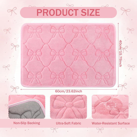 Tinideya Pink Bow Pink Memory Foam Bath Mat 24''x16'' Bow Bathroom Rug Cute Coquette Bathroom Decor Soft Absorbent Non Slip Aesthetic Bath Carpet for Bathtub Shower Floor Bedroom Living Room