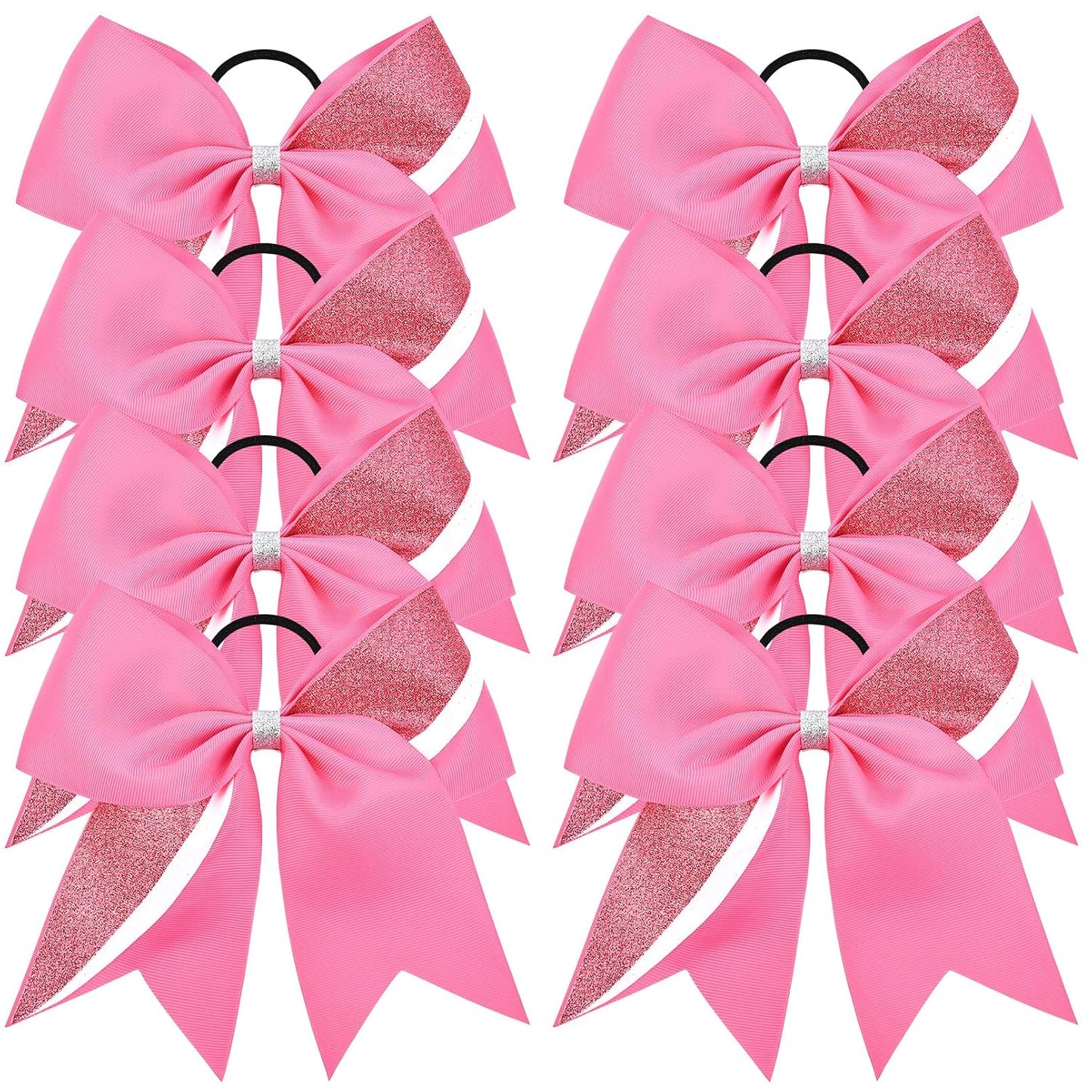 8PCS Cheer Bows Bulk Glitter Cheerleading Bows Girls Hair Bows Pink Cheer Bows Elastic Band Ponytail Holder for Cheerleaders Teen Girls College Sports Competition