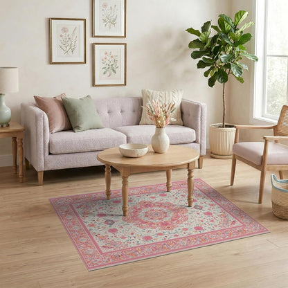 4'x6' Washable Flatwoven Rug, Peach Traditional Floral Easy Care Throw Carpet for Dorm Room, Small Living Room, Apartment, Stain Resistant Low Profile Floor Covering | Ref:2138144