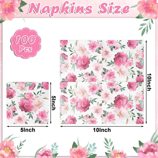 NatNarr 100 Pcs Pink Floral Napkins, Disposable Watercolor Flower Napkins Decorative Spring Cocktail Napkin for Tea Party, Garden Party,Baby Shower,Bridal Shower