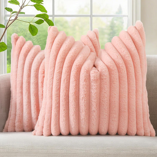 decorUhome Summer Cozy Faux Fur Throw Pillow Covers 18x18 Set of 2 Decorative Plush Striped Modern Farmhouse Boho Couch Pillow Cases with Velvet Back for Sofa Bed Living Room, Blush Pink